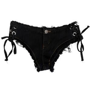 Y2K Black Low Rise Lace Up Hot Pants Raw Hem Festival Rave Grunge Shorts M